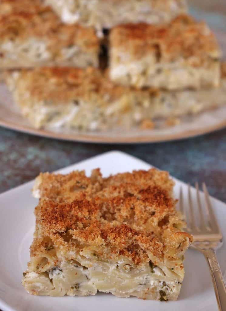 Armenian macaroni and cheese on a plate.