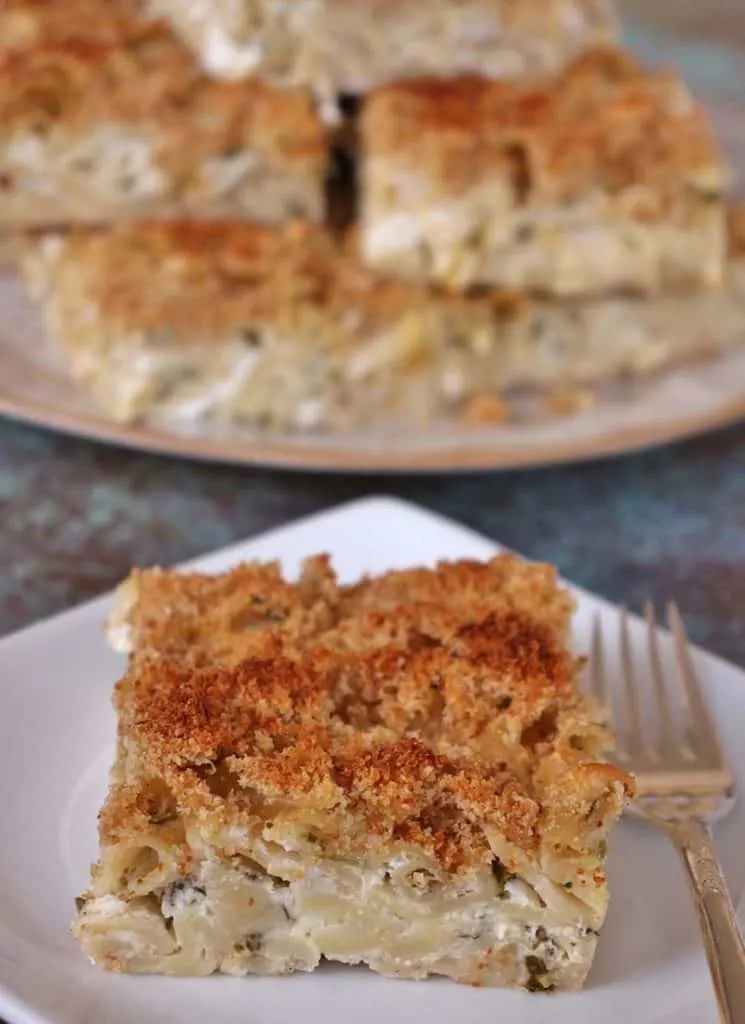 Armenian macaroni and cheese on a plate.