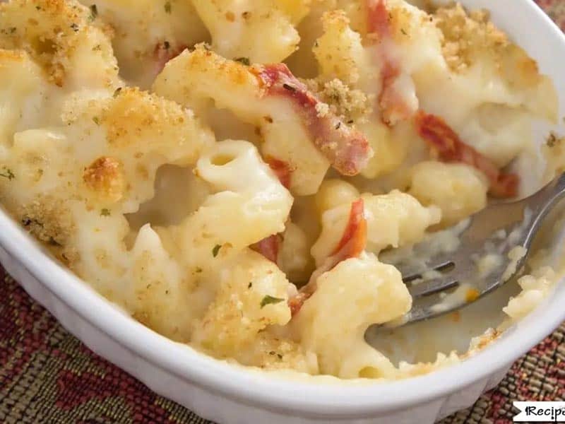 Air fryer mac and cheese in a while casserole dish.