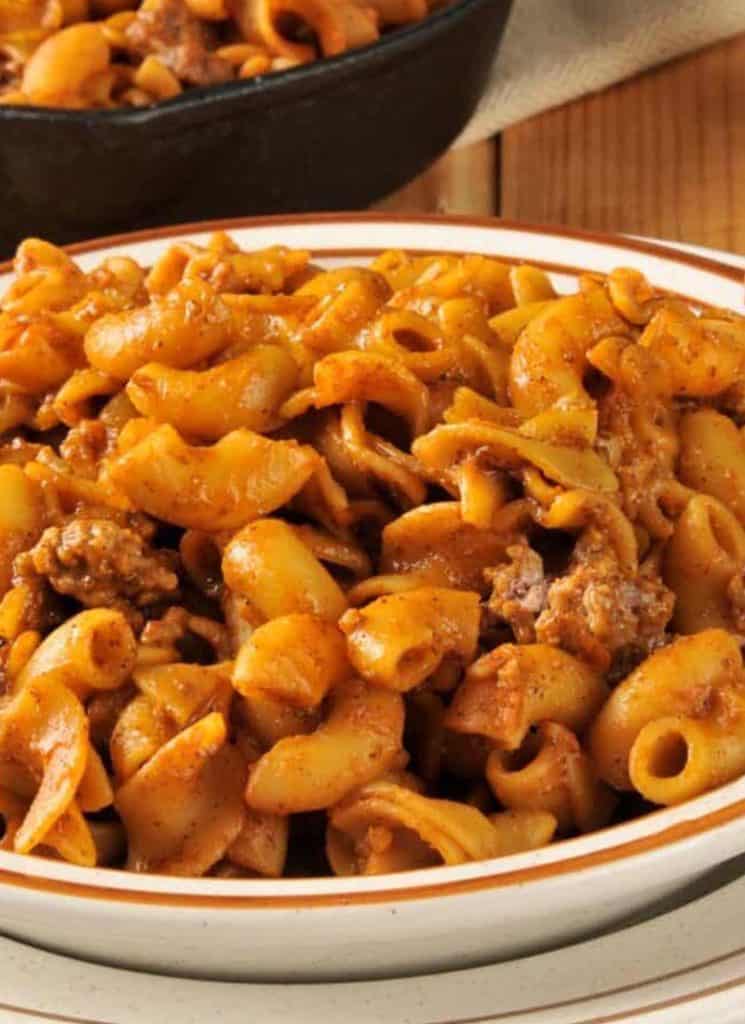 Silly chili mac and cheese dinner in a serving plate.