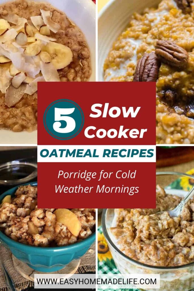 5 Slow Cooker Oatmeal Recipes, Porridge for Cold Weather Mornings collage.