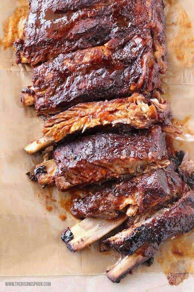 A slab of easy crockpot BBQ ribs made in the slow cooker.