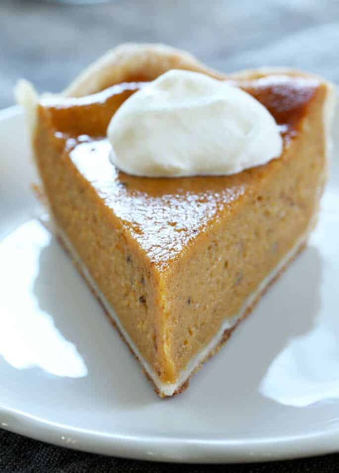 A slice of classic pumpkin pie on a white plate.