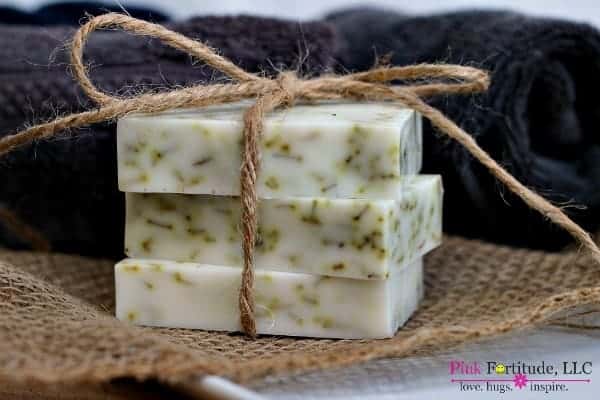 A stack of homemade soap tied with twine.