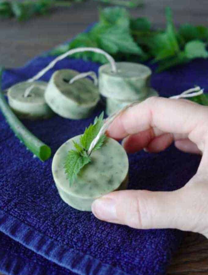 Green herbal round soaps each attached to a string and placed on top of a purple towel.