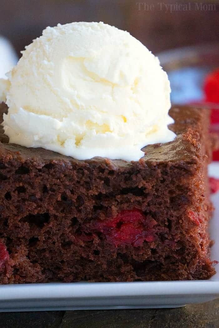 A slice of chocolate cherry cake with a scoop of vanilla ice cream on top.