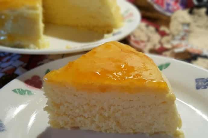 A slice of Japanese cotton cheesecake on a plate.