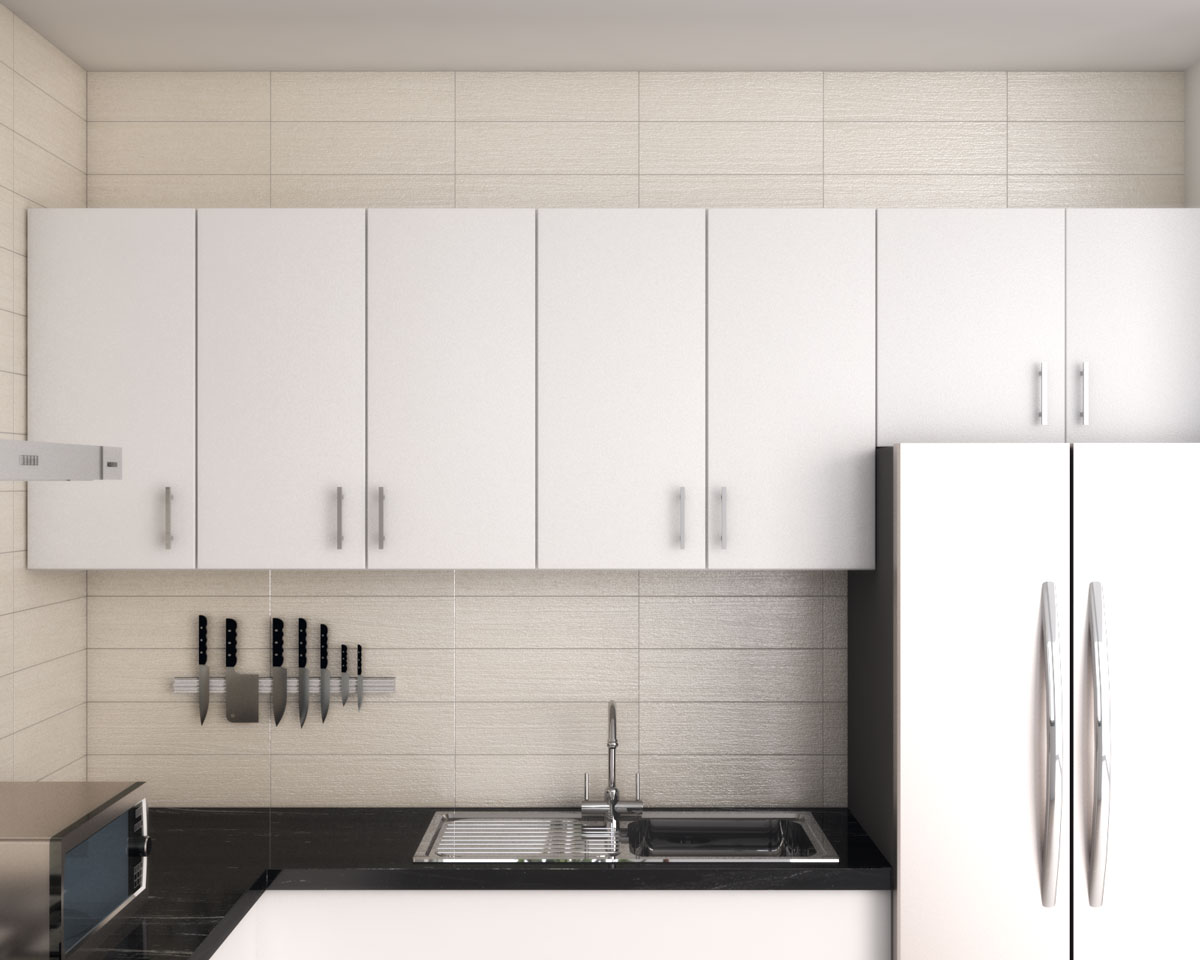 A clean kitchen with white kitchen cabinets and white refrigerator.