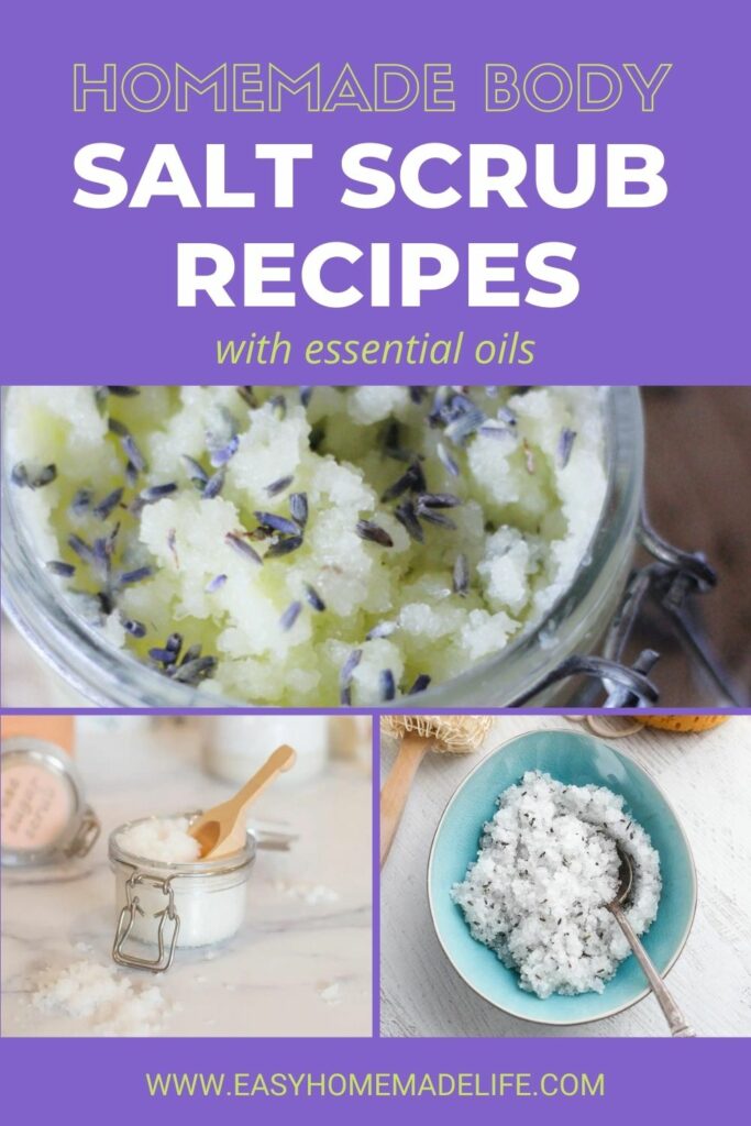 Homemade body salt scrub recipes with essential oils collage.