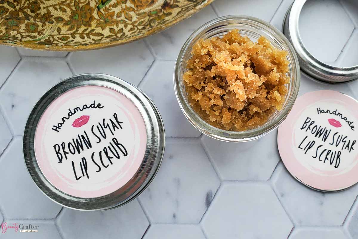 Two brown sugar lip scrub jars with label.