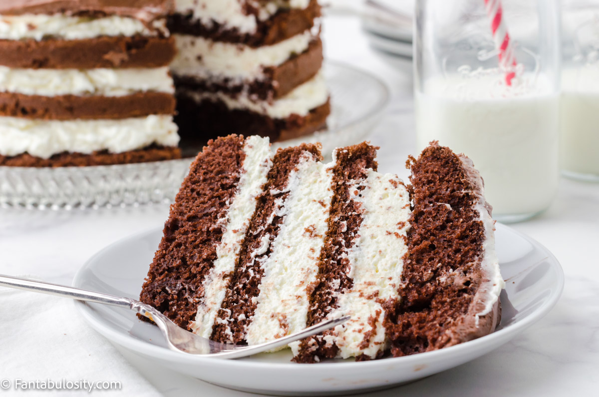 A slice of ding dong cake on a saucer with a fork. The rest of the cake next to a glass half filled with milk in the background.