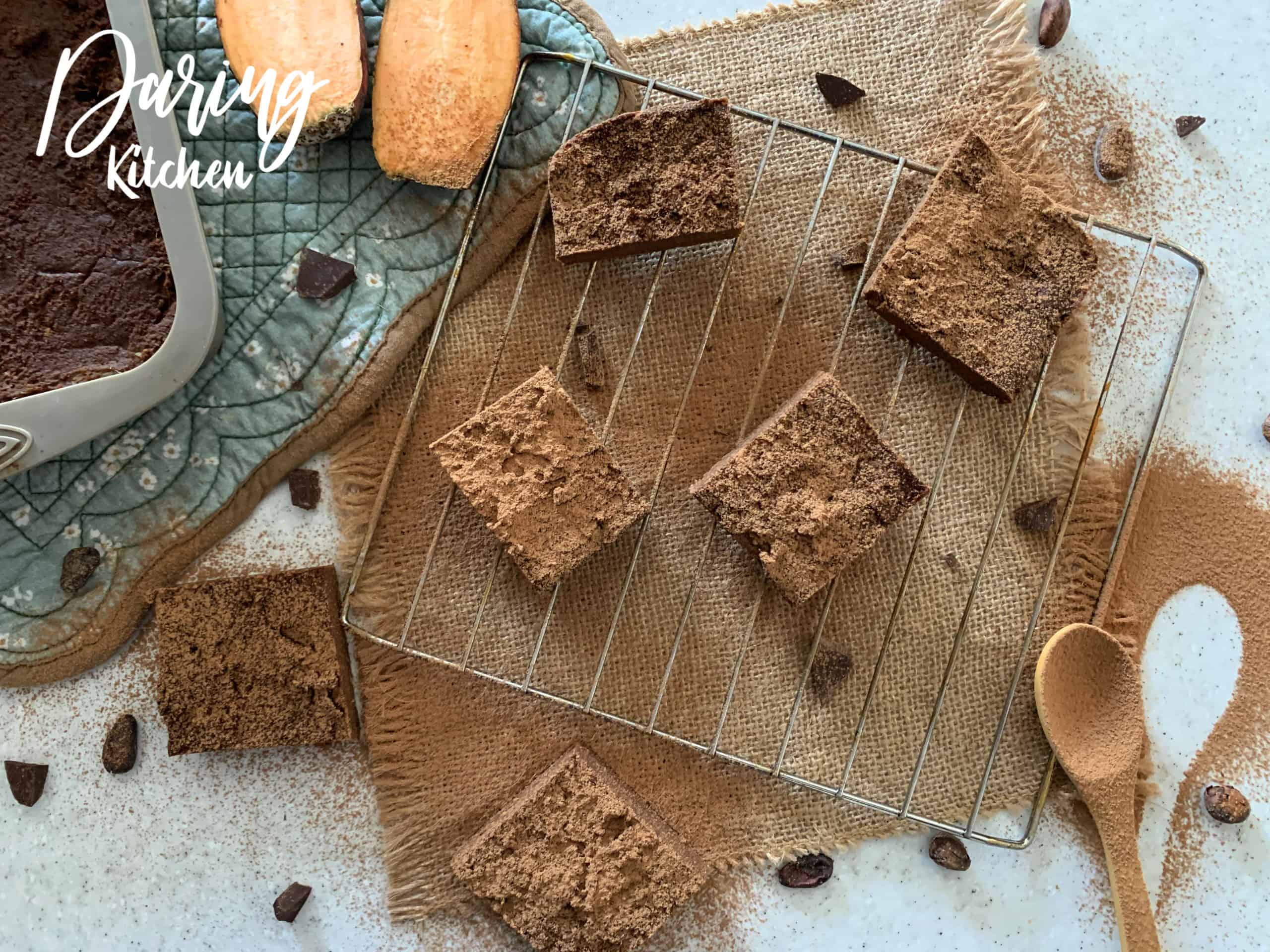 Sweet potato brownies on a cooking rack.