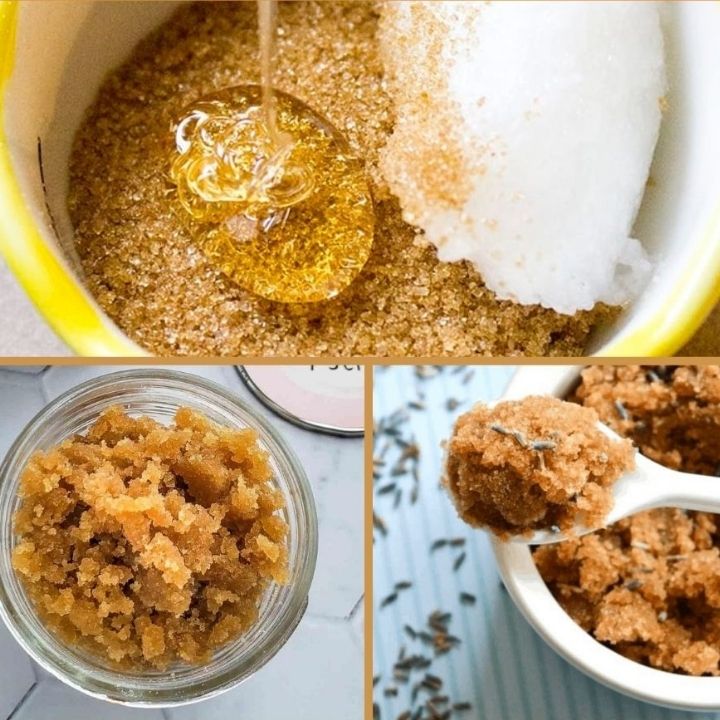Brown sugar scrub recipe collage.