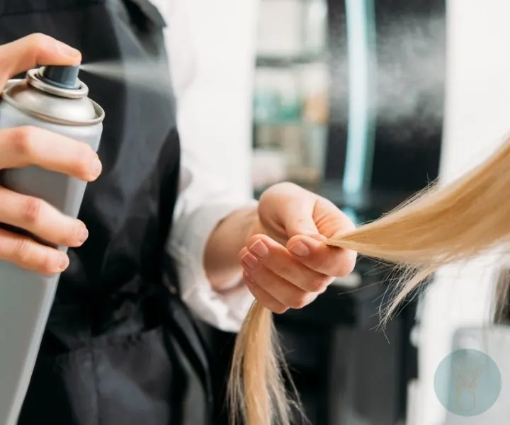 A person holding strands of blond hair and spraying it with a salon hairspray product.