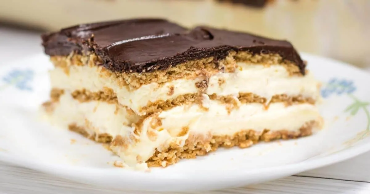 No-bake chocolate eclair cake on a plate.