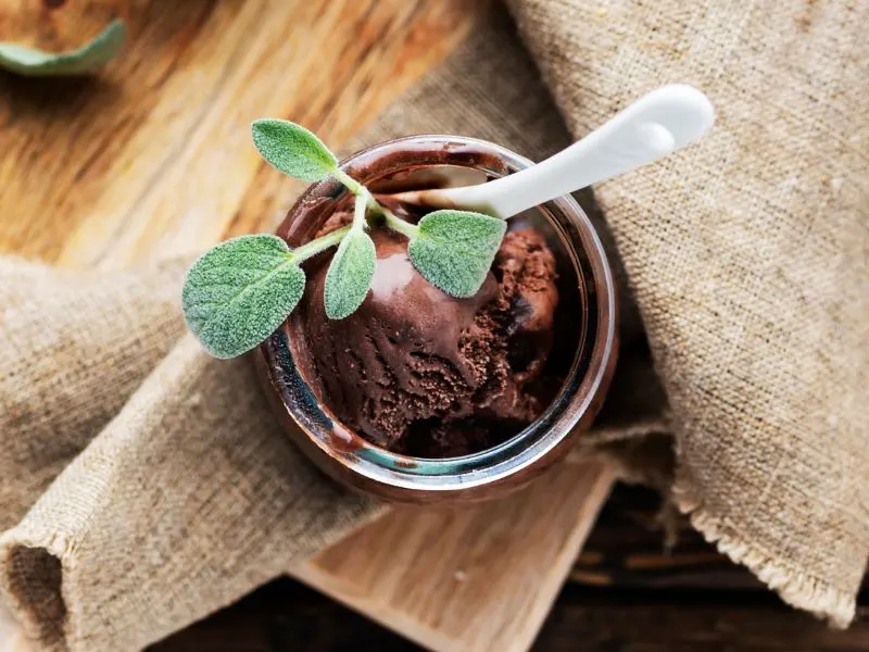 Chocolate sage ice cream in a jar with green herb garnish and a spoon.