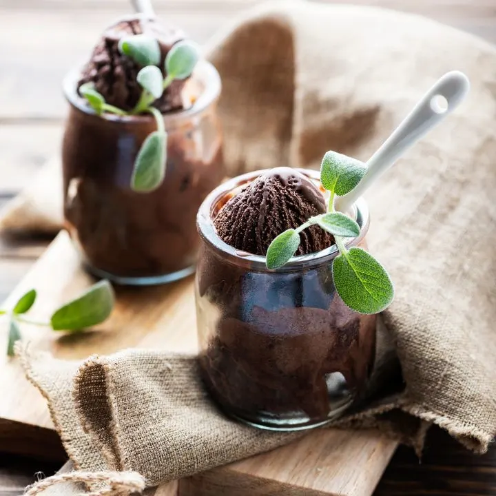 Two jars of chocolate sage ice cream with spoon and green herb garnish.