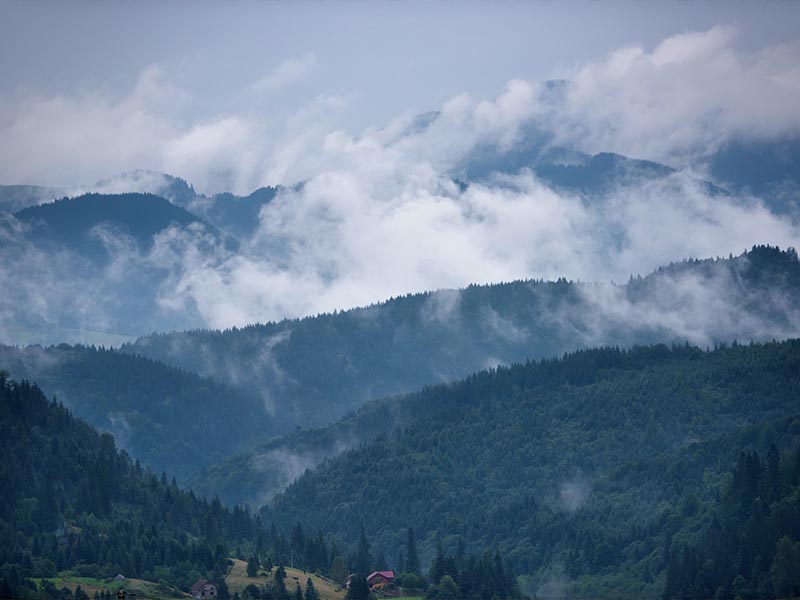 A misty mountain range enveloped in clouds with a serene house nestled amidst the woodsy landscape.