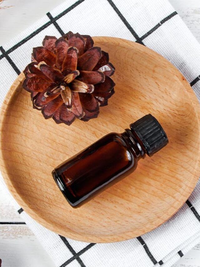 A wooden plate with a bottle of essential oil and a pine cone.
