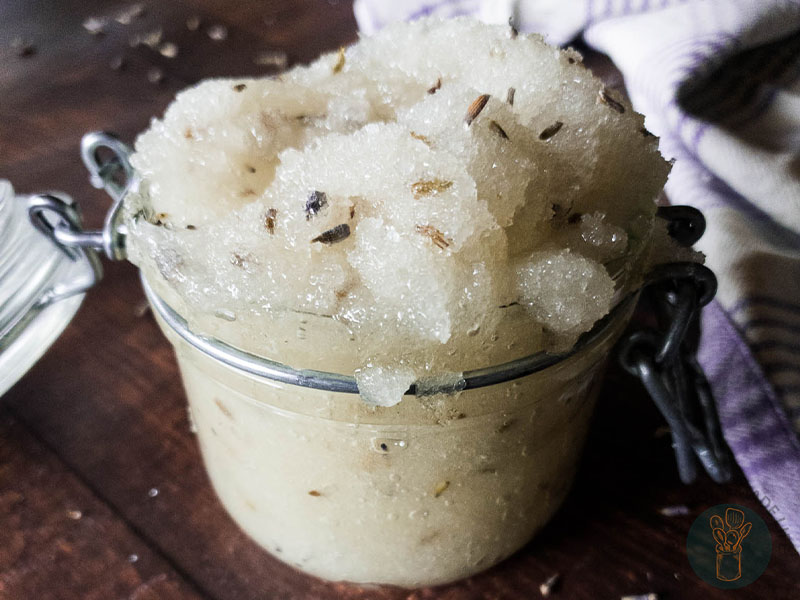 A jar of lavender sugar scrub.