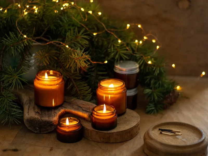 Lit candles in jar next to a pine bough covered in fairy lights.