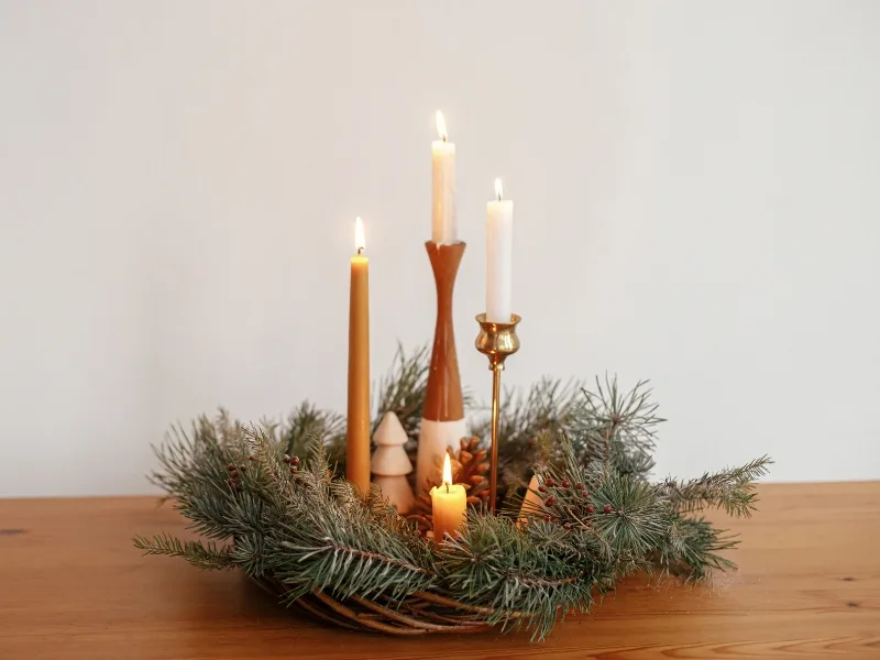 Holiday candles in wreath designed as a centerpiece.