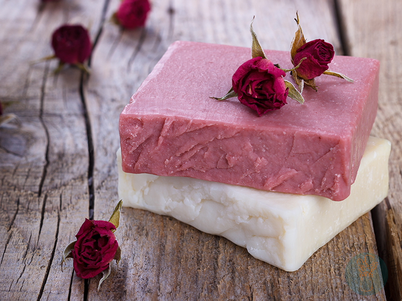 Two squares of goat milk soap on top of each other.