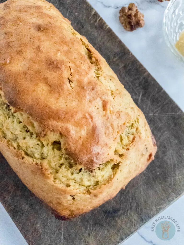 close up of no baking soda banana bread loaf