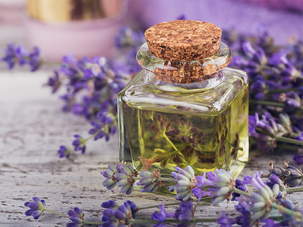 glass storage bottle of essential oil blend for pain and inflammation with lavender flowers surrounding