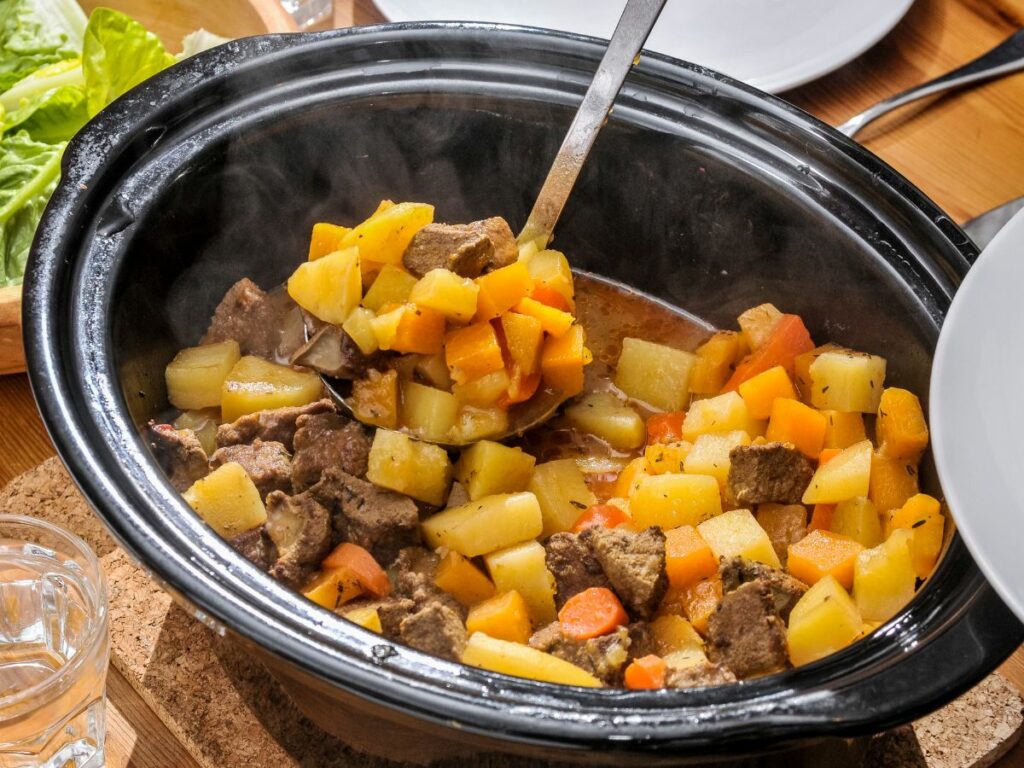 Crockpot with beef and vegetable recipe.