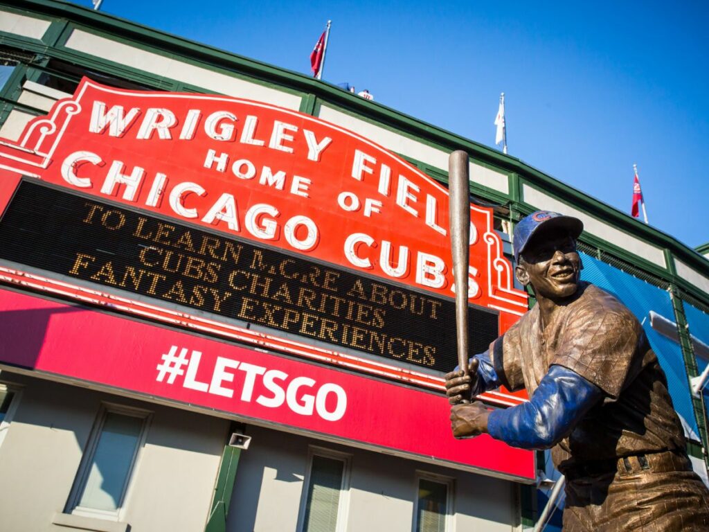 The famous signage on a warm summer's night at Wrigley Field.