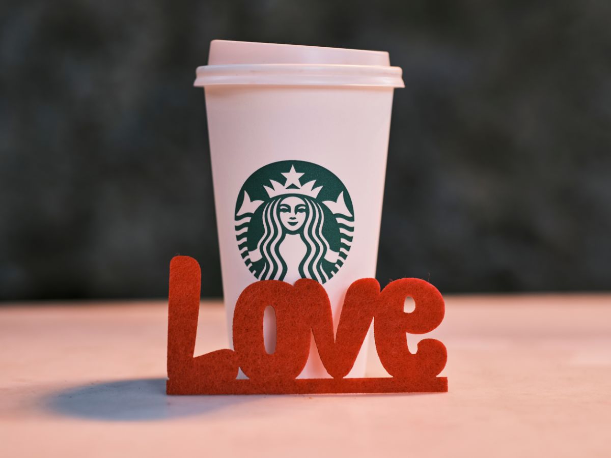 A cup of starbucks drinks. The word "love" in front of it.
