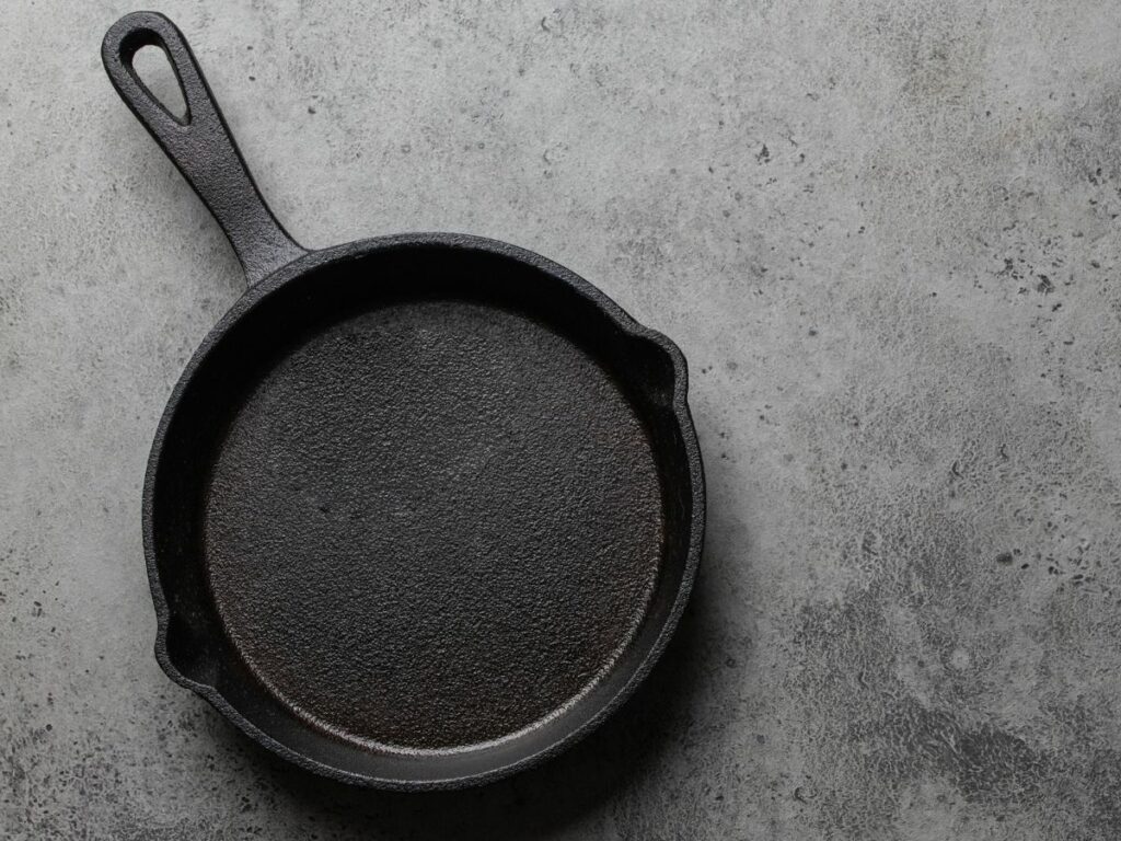 An empty cast iron skillet.