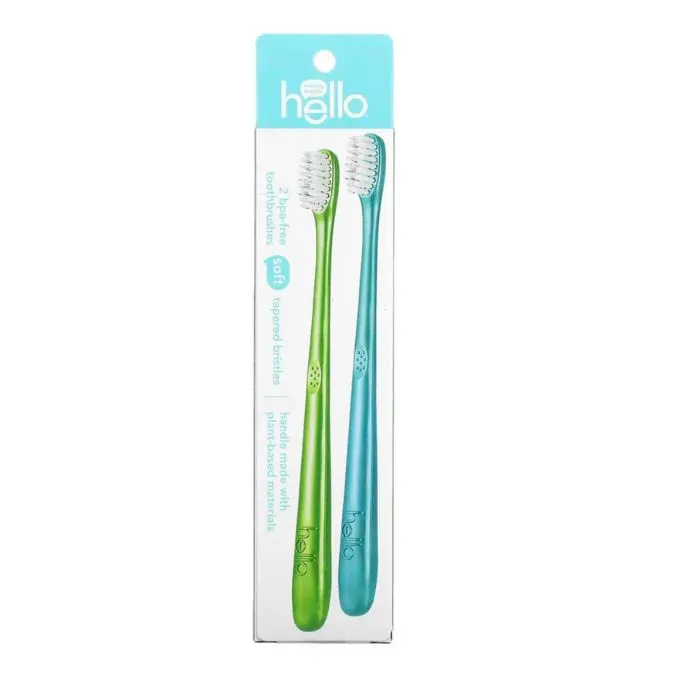 Hello, BPA-Free Toothbrushes, Soft, Green/Blue, 2 Toothbrushes