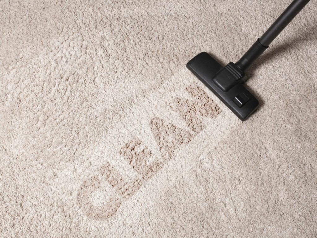 Dust cleaning with vacuum cleaner with clean text on carpet.