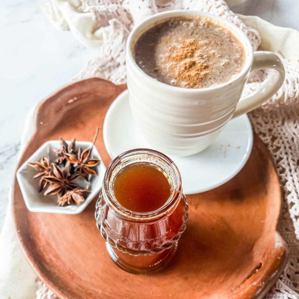 Terra cotta tray with latte and simple syrup cropped square.