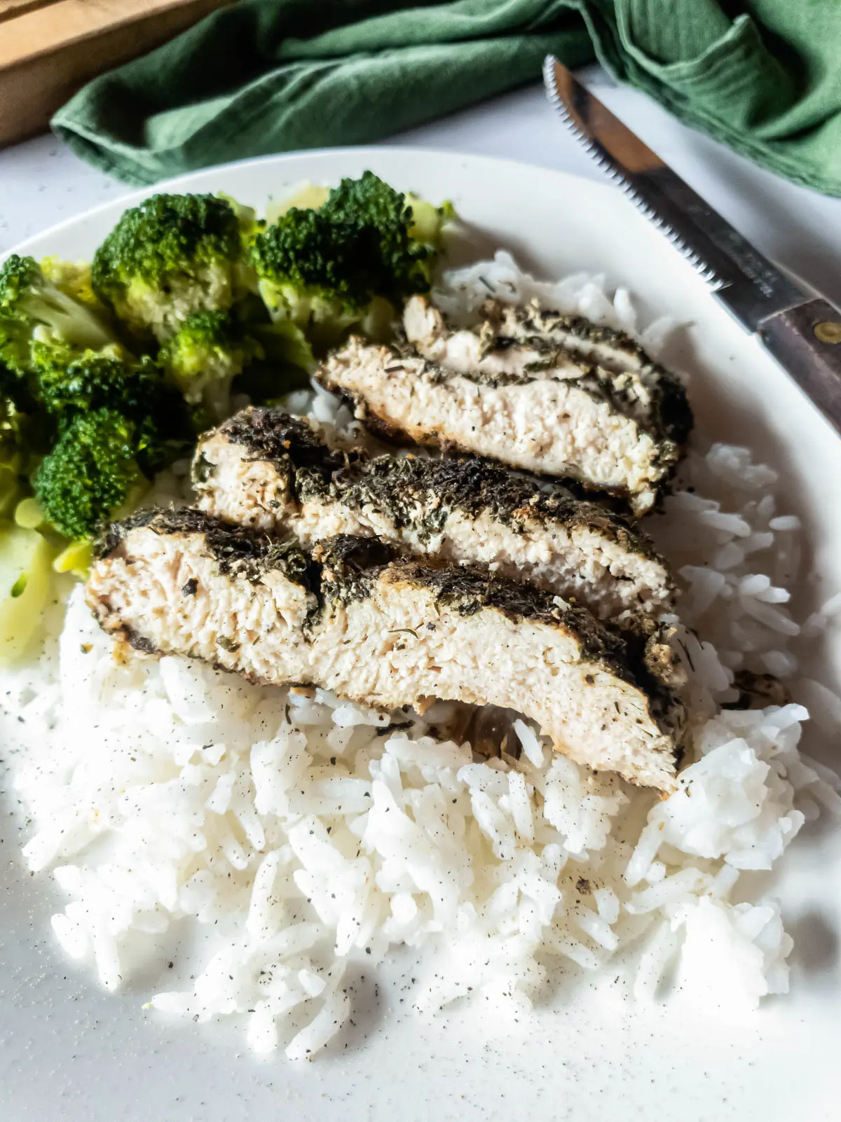 Texas Roadhouse chicken copycat with broccoli and rice.