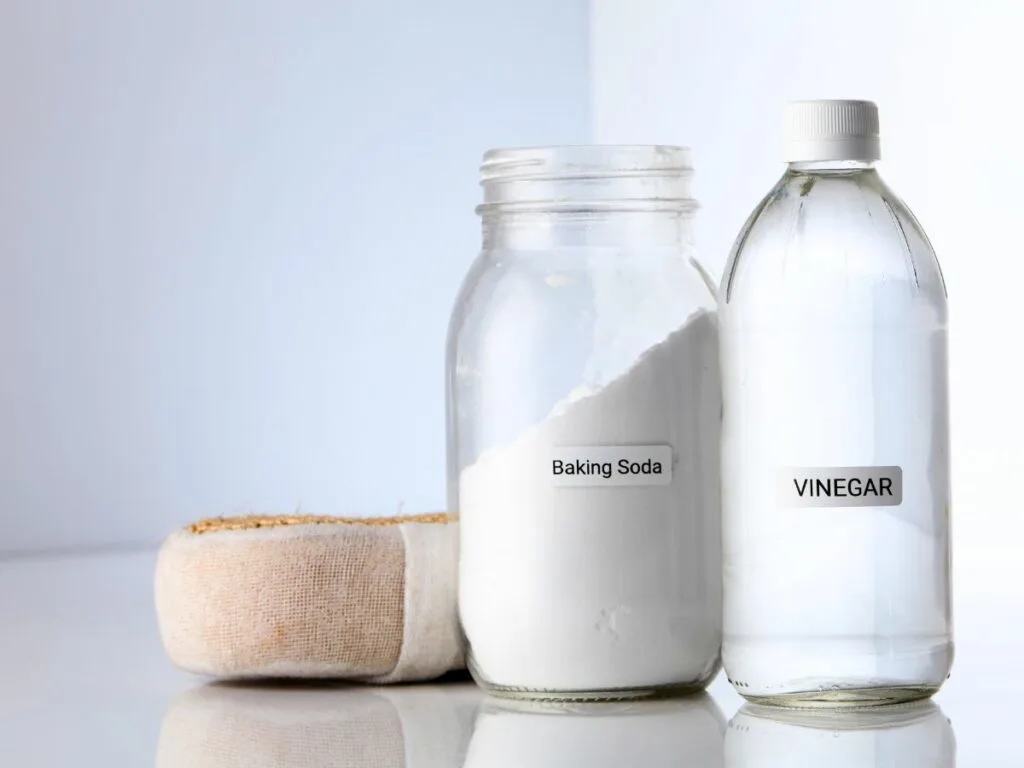 Bottles of white vinegar and baking soda next to a sponge.