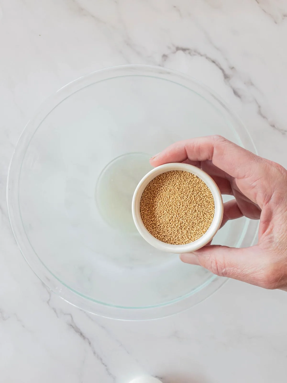 A hand holding a bowl of dry yeast, ready to add to warm water.