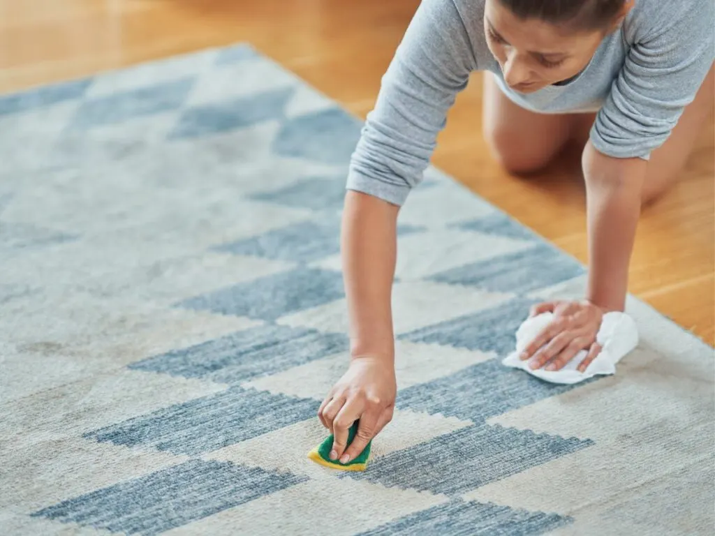 A woman using a sponge to clean a red stain out of a rug.