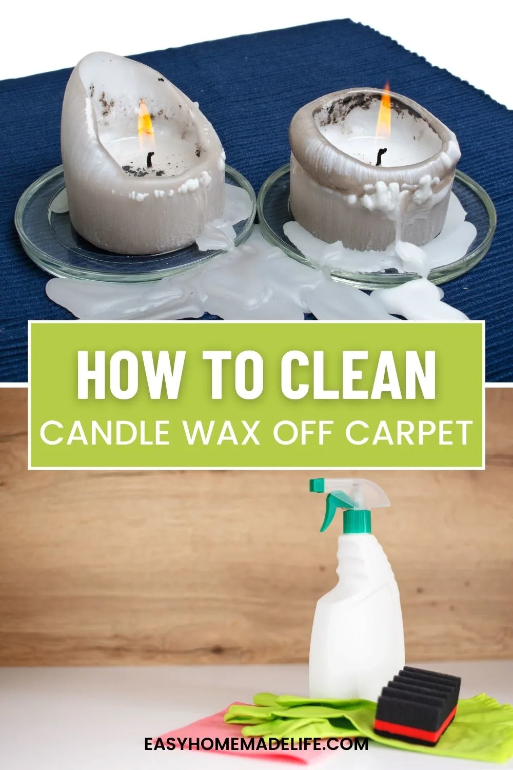 A picture of candles dripping wax and cleaning supplies for Pinterest.
