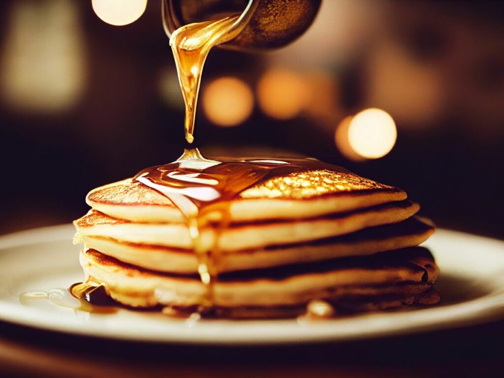 A stack of pancakes is being drizzled with syrup.