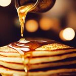 A stack of pancakes is being drizzled with syrup, lights blur in background.