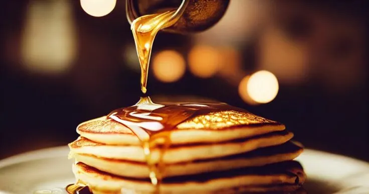 A stack of pancakes is being drizzled with syrup, lights blur in background.