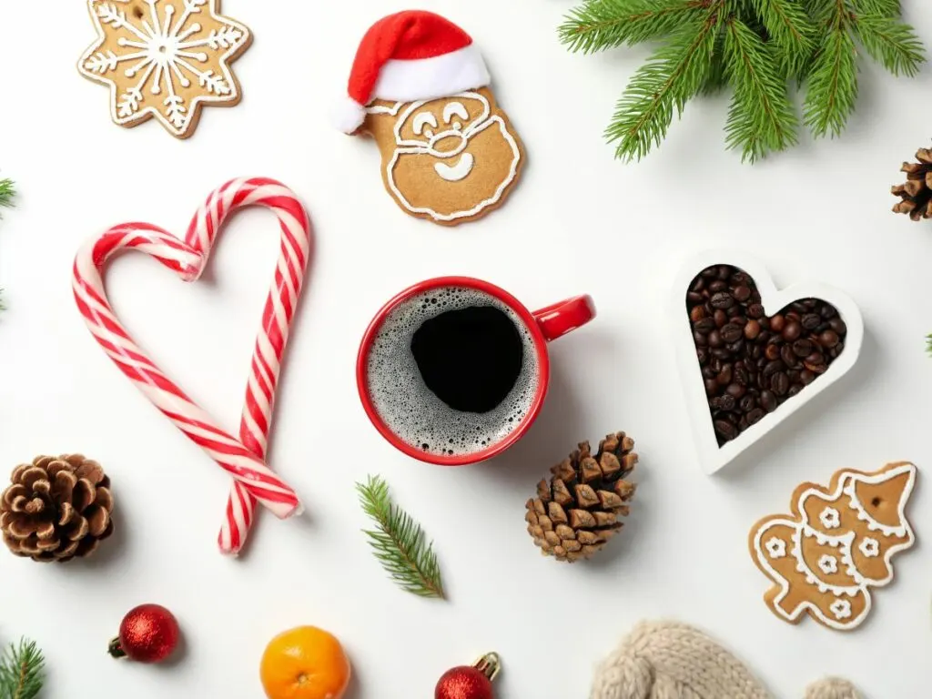 A cup of coffee surrounded by christmas decorations.