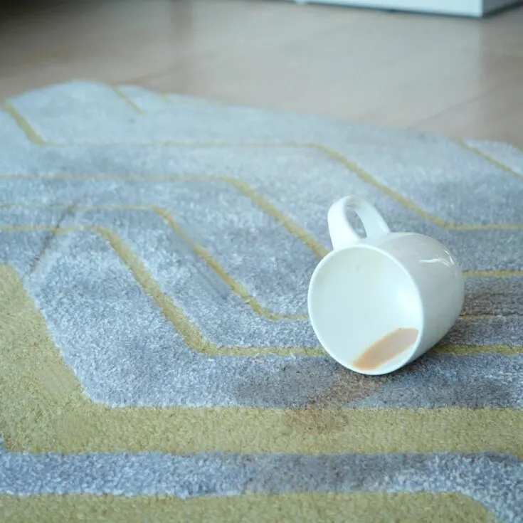 A coffee cup is accidentally spilled, resulting in a stain on a rug.