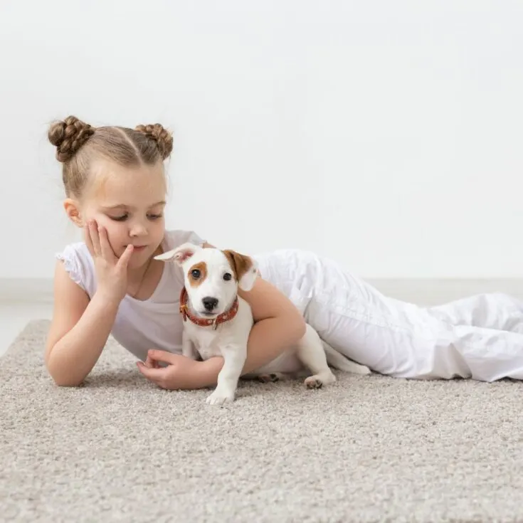 A little girl laying on the carpet with a young puppy.