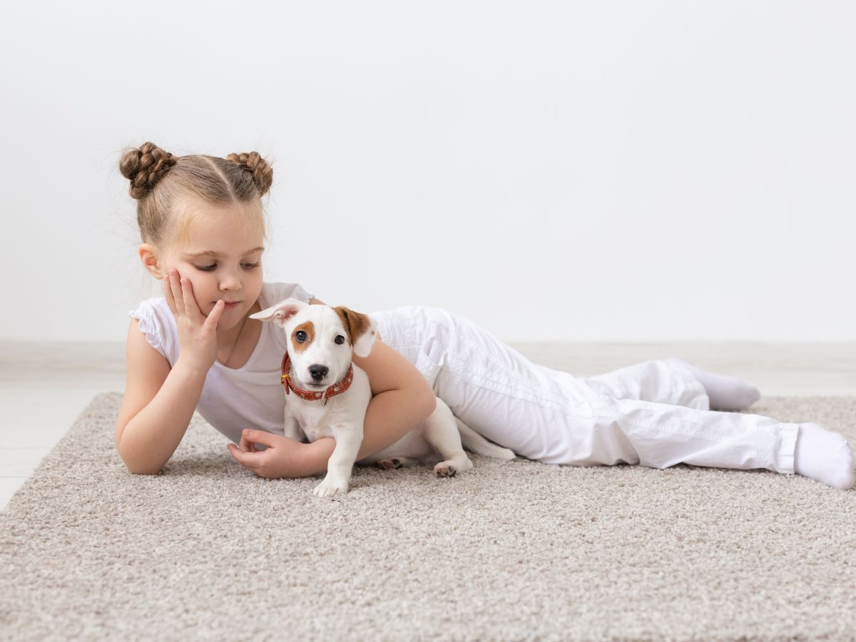 A little girl laying on the carpet with a puppy.