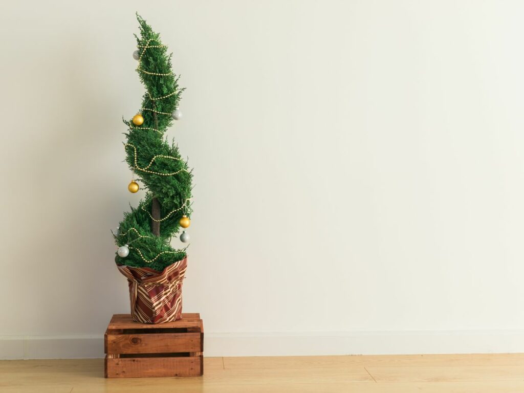 A small christmas tree sitting on a wooden crate.