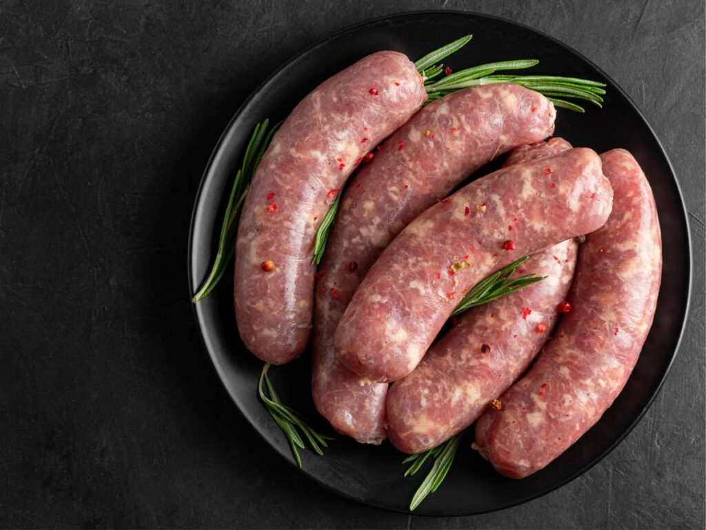 Sausages on a black plate with rosemary sprigs.